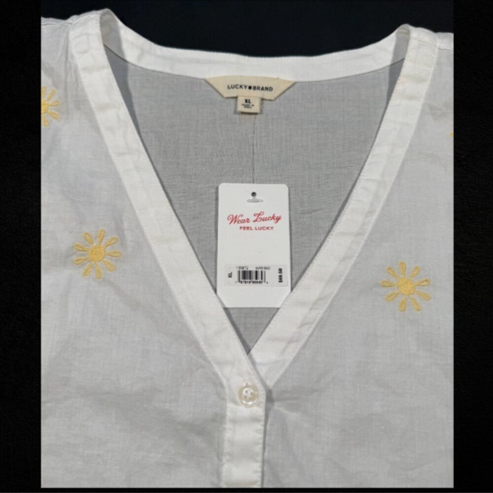 Lucky Brand V Neck Embroidered Sun Button Down Front Knot Shirt View 3